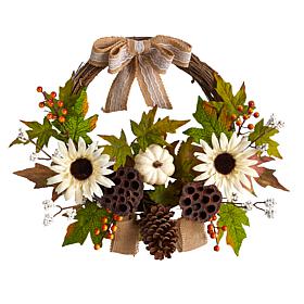 Nearly Natural 20”  Sunflower, White Pumpkin and Dried Lotus Wreath