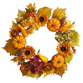 Nearly Natural 22”  Hydrangea, Pumpkin and Sunflower  Fall Wreath