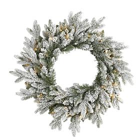 Nearly Natural 24 in. Flocked Christmas Wreath with 50 LED Lights
