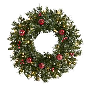 Nearly Natural 24 in. Frosted Christmas Wreath with 50 Lights