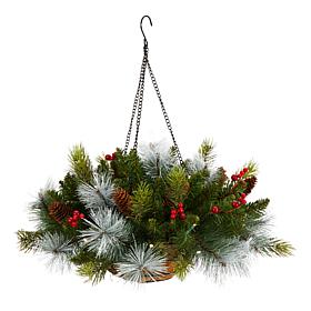 Nearly Natural 24 in. Holiday Pre Lit Berries Christmas Hanging Basket