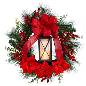 Nearly Natural 28” Poinsettia & Berry Wreath with Lantern & LED Candle