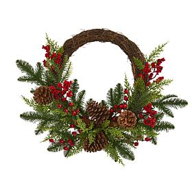 Nearly Natural Pine & Cedar w/Berries & Pine Cones Artificial Wreath