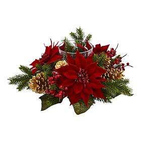 Nearly Natural Poinsettia, Berry & Golden Pine Cone Candelabrum