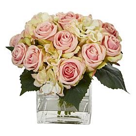 Nearly Natural Rose & Hydrangea Bouquet Artificial Arrangement in Vase