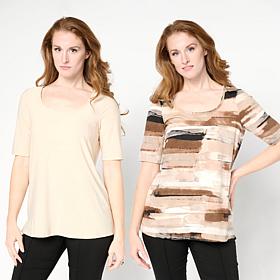 Nina Leonard 2-pack Stretch Knit Elbow-Sleeve Scoop Neck Tops