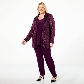 Nina Leonard 3-piece Sequined Button-Front Top, Tank and Pant Set