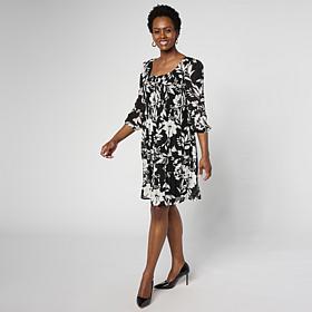 Nina Leonard 3/4 Balloon Sleeve Round Neck Chiffon Dress