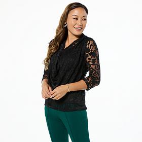 Nina Leonard 3/4-Sleeve Drape Neck Burnout Top