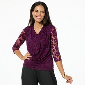 Nina Leonard 3/4-Sleeve Drape Neck Burnout Top