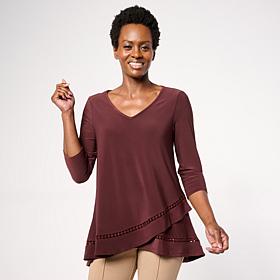 Nina Leonard 3/4-Sleeve Trim Inset V-Neck Tunic