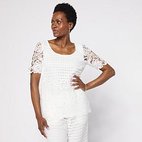 Nina Leonard Border Lace Elbow Sleeve Top