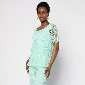 Nina Leonard Border Lace Elbow Sleeve Top