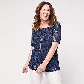 Nina Leonard Burnout Knit Elbow Sleeve Necklace Top 