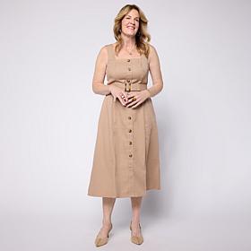 Nina Leonard Button-Front Stretch Linen Sleeveless Dress