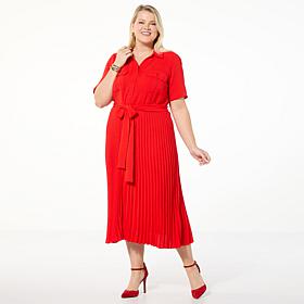 Nina Leonard Collared Shirt Dress with Pleated Skirt