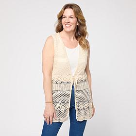 Nina Leonard Crochet Tie-Front Cardigan Vest