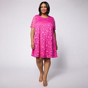 Nina Leonard Elbow-Sleeve Jewel-Neck Trapeze Dress