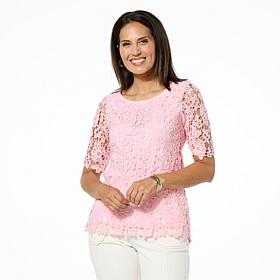 Nina Leonard Elbow Sleeve Lace Top