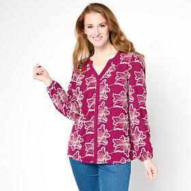 Nina Leonard Embroidered Balloon-Sleeve Woven Blouse