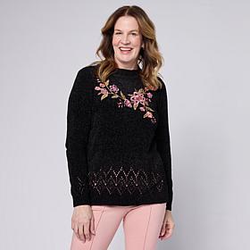 Nina Leonard Embroidered Long-Sleeve Chenille Sweater