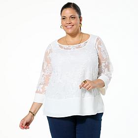 Nina Leonard Embroidered Mesh Knit 3/4-Sleeve Tunic