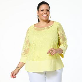 Nina Leonard Embroidered Mesh Knit 3/4-Sleeve Tunic