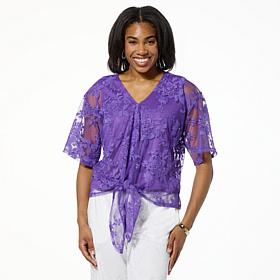 Nina Leonard Embroidered Mesh Tie Front Kimono Top