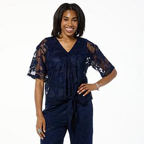 Nina Leonard Embroidered Mesh Tie Front Kimono Top
