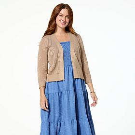 Nina Leonard Floral 3/4-Sleeve Sheer Knit Bolero