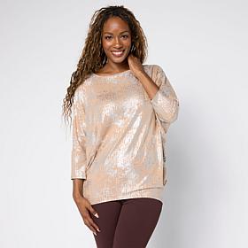 Nina Leonard Foiled Knit Boat Neck 3/4-Sleeve Tunic