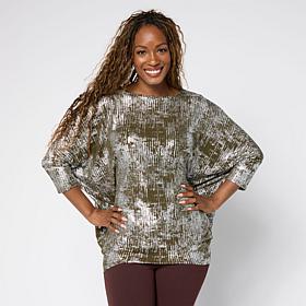 Nina Leonard Foiled Knit Boat Neck 3/4-Sleeve Tunic