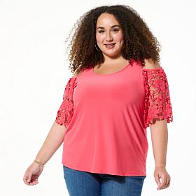 Nina Leonard Lace Sleeve Cold Shoulder Top