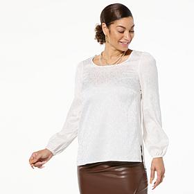 Nina Leonard Long Sleeve Scoop-Neck Charmeuse Top