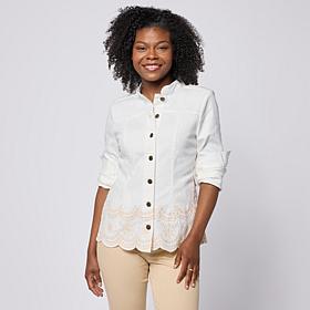Nina Leonard Mandarin Collar Denim Jacket w/Scalloped Embroidery Hem