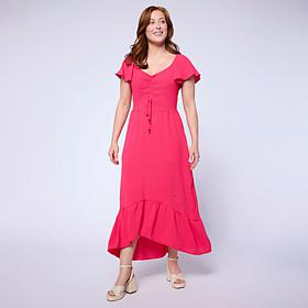 Nina Leonard Midi Length Smocked Flutter Sleeve Dress