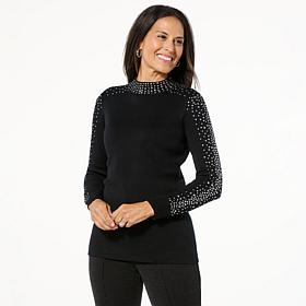Nina Leonard Mock-Neck Long Sleeve Sweater with Stud Detail