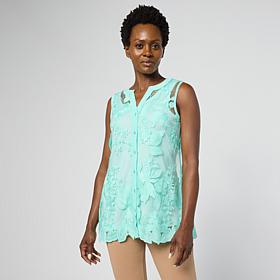 Nina Leonard Novelty Embroidered Mesh Button-Down Top