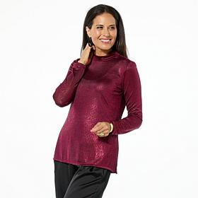 Nina Leonard Novelty Foil Knit Mock-Neck Top