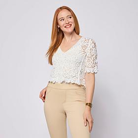 Nina Leonard Open Crochet Elbow-Sleeve Bolero Top