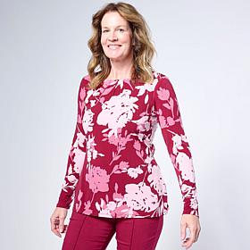 Nina Leonard Pleated Neck Long-Sleeve Knit Top