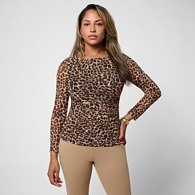 Nina Leonard Powermesh Angled Rouched Long Sleeve Top