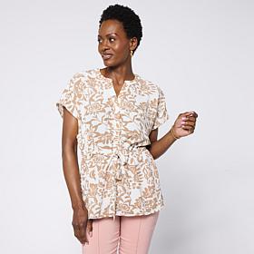 Nina Leonard Printed Button-Front Tie Waist Top