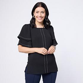 Nina Leonard Round Neck Double Flutter Sleeve Top