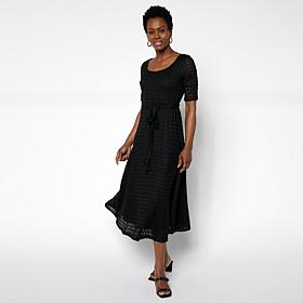 Nina Leonard Round Neck Elbow Sleeve Lace Flare Dress