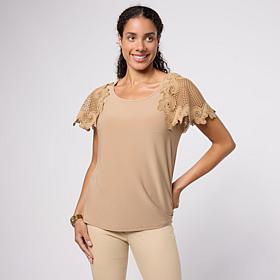 Nina Leonard Round Neck Top with Lace Flutter Sleeve