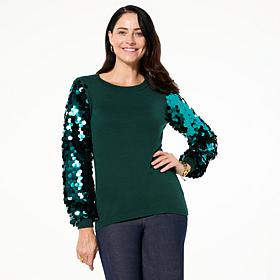 Nina Leonard Sequin Sleeve Pullover Sweater