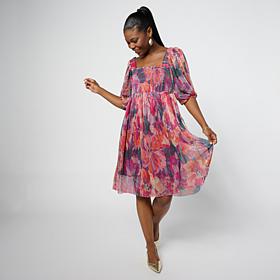 Nina Leonard Smocked Bodice Bubble-Sleeve Dress