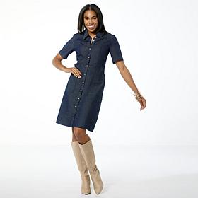 Nina Leonard Stretch Denim Fit-and-Flare Shirtdress