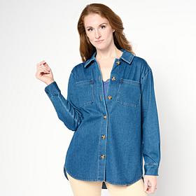 Nina Leonard Stretch Knit Denim Collared Shirt